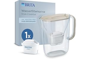 BRITA Wasserfilter Kanne Style Essential sand (2,4l) inkl. 1x MAXTRA PRO Pure Performance – Kühlschrankgeeignete Filterkanne mit Smart Light LED & Klapp-Deckel, filtert Verunreinigungen & mehr