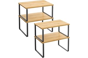 SONGMICS Organizzatori da Cucina, Set di 4 Scaffali da Banco, Portaoggetti per Armadietto, Impilabile, Espandibile, Metallo e Legno Ingegnerizzato, Nero Inchiostro e Beige Naturale KCS10NB