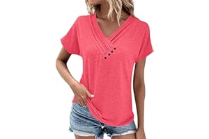 TIMEMEAN Top Femme,T-Shirt D'Été pour Femmes Tunique à Manches Courtes avec Col en V Et Boutons Chemisier De Base Habillé Et Décontracté De Couleur Unie