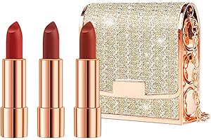 Newvenper Matte Lipstick Set 3 Colors Lip Stick with Chain Bag Package Velvet Lip stick Gift Box Set Waterproof Non-Stick Cup Long Lasting Retractable Lipstick Set 3.5gx3 Pcs, Silver
