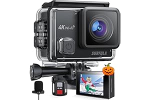 Surfola Cámara Deportiva 4K 30FPS 20MP WiFi, EIS Anti-Shake Cámara Subacuática Resistente al Agua , Micrófono Externo con Control Remoto con 2 Baterías y Kit de Accesorios para el Casco