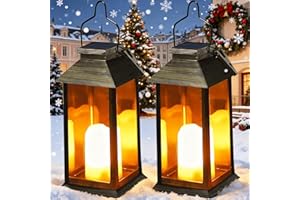 Yowin Solar Lanterns for The Garden 2 Pack Hanging Solar Lights with Flickering Candle, Outdoor Lanterns Waterproof Garden Gifts, Table Lamp for Balcony Wall Patio Fence Decorations - Bronze