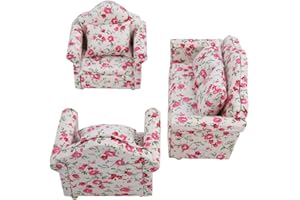 DILWE Dollhouse Sofa, 1/12 Scale Dollhouse Accessories Flower Pattern Mini Furniture Sofa Set With Back Cushions(#2)