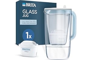 BRITA Glass Water Filter Jug Light Blue (2.5L) with 1x MAXTRA PRO All-in-1 Water Filter Cartridge - Premium Glass Design jug with easy-filling Flip-Lid and Indicator