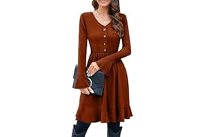 ULTRANICE Strickkleid Damen Herbstkleid Winterkleid V Ausschnitt Pulloverkleid mit Deko Knopf Herbst Winter Kleider