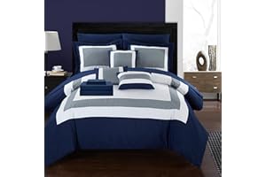 Chic Home 10 Piezas Duke Patchwork Color Bloque Completo Cama en una Bolsa Colcha Juego de sábanas, Reina, Color Azul Marino