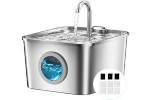 BALIMOPET Fontanella per Gatti Acciaio Inox: 2,6L Fontana per Gatti, Ultra Silenzioso, Quadruplo Filtrazione, Cavo Automatico Fontanella Gatto con Rubinetto 3 Filtri e 3 Spugne LED, Facile da Pulire