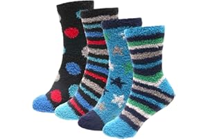 GM Apparel Boys Kids Fluffy Slipper Socks – Non-Skid Gripper – Bed Sock – Super Soft Fuzzy – Cosy Thermal – Stars – Pack of 4 Pairs
