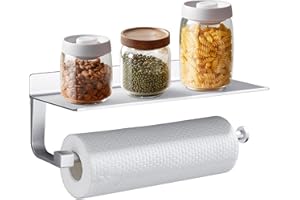 GERUIKE Portarrollos de Cocina Sin Taladro Portarrollos Papel Higiénico Adhesivo Porta Rollos de Papel Organizado de Cocina con Estante - Aluminio Portarollos Montaje en Pared, Plata