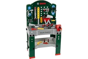 Theo Klein 8580 Bosch Work Station I 44 Parts I Workbench Including Work Surface with learning Function I Dimensions: 61 cm x 44.5 cm x 101 cm I Toy for Children Aged 3 Years and up