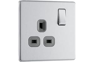 BRITISH GENERAL BG Electrical Single Switched Power Plug Wall Socket, Screwless Front Plate, Slim Profile, Premium Flatplate, Brushed Steel, Grey Inserts, 13A, FBS21G