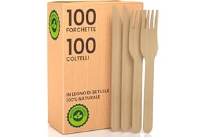 BACIATO CAFFÈ Kit Posate Ecologiche in Legno di Betulla 100 Forchette + 100 Coltelli Monouso 100% Naturali Biodegradabili e Compostabili Usa e Getta