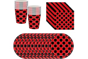 PIUMOJ Partygeschirr Rennwagen, Weihnachten Partygeschirr Set, Rot und Schwarz kariert Teller, Tischdecke, Becher, Rennwagen Weihnachten Geburtstag Geschirr Deko für Kinder, 24 Gäste