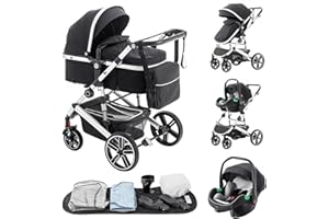 Zkiprm 3-in-1 Baby Stroller Travel System, Pram and Car Seat Combo, Pushchair with Height Adjustable Handle, Baby Buggy with Mosquito Net, Travel Pram with Aluminum Frame for Newborns 0-4 Years