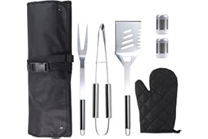 Fltengle 7pcs BBQ Stainless Steel Grill Tools Set with Aprons and Gloves, Professional Barbecue Accessories BBQ Kit for Camping, Picnics, the Backyard