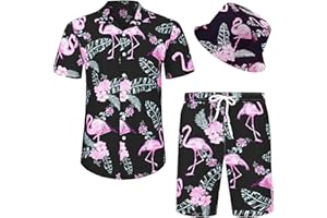 Angenster Hawaii Hemd Männer, 3 Pcs Hawaii Outfit Herren Festival Outfit mit Fischerhut Hawaihemd Shorts, Sommerhemd Herren Flamingo Floral Strandhemd Faltenfrei Urlaub Hemd Set