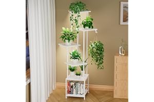 Homsorout Support Plantes avec Lampes de Croissance - 6 Niveaux Porte Plante Interieur, 139cm Étagère Plante en Métal et Bois, Etagere Plante D'intérieur Meuble, Salon et Chambre À Couche (Blanc)