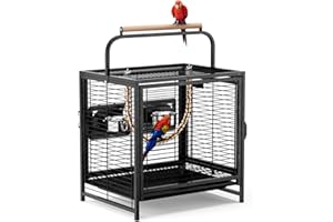 LEADZM Vogelkäfig für Wellensittiche und Papageien, Tragbarer Transportkäfig mit Holzgriff, Robuster Eisenkäfig mit Abnehmbarer Wanne, 65 x 48 x 37 cm