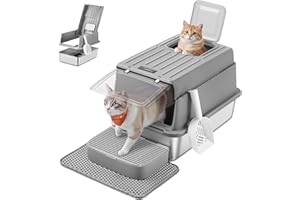 Feandrea Bac à Litière pour Chat, en Acier Inoxydable, avec Couvercle, Pelle, Tapis pour Litière et 2 Entrées, pour Chats Jusqu’à 15 kg, Gris Tourterelle PPT007GN01