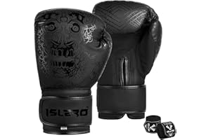 Islero Fitness Matte Black Boxing Gloves Men Punch Bag Women MMA Muay Thai Martial Arts Kick Boxing Sparring Training Fighting Gloves With Hand Wraps