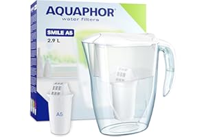 ‎AQUAPHOR AQUAPHOR Wasserfilter Smile Weiß inkl. 1 A5 Filter I Reduziert Kalk & Chlor I Karaffe für 2,9l I Kompakter & leichter WasserfiIter I Tischwasserfilter I Passt in die Kühlschranktür