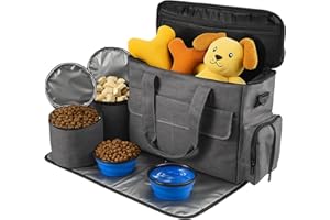 GROWNEER Dog Travel Bag Airline Approved Pet Weekend Set with 2 Food Containers, 2 Collapsible Bowls, Large Capacity Tote with Pockets for Outdoor Trips & Car Travel – Grey