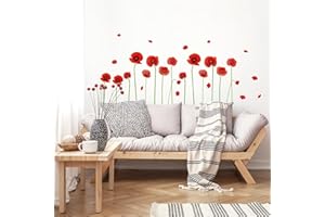 Tanlaby Stickers Muraux Coquelicots Rouges Autocollants Muraux Fleur Rouge Sticker Mural Fleurs Plantes pour Salons Chambres Bureaux Canapé Fond Décoration Murale