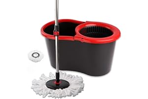 DIVCHI Microfiber Spin Mop and Bucket Set, Spin Mop for Cleaning Floors, Set of 1x Mop, 1x Bucket + 1 Replacement Mop Head, Red/Gray