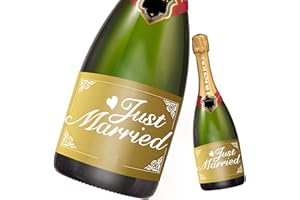 ‎LINEO "Just Married" Hochzeit-Flaschenetikett 2 Stück für Sekt- & Weinflaschen selbstklebend; Hochzeit-Geschenk (14,8 x 10,5 cm) (Gold)