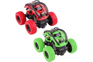 TIKPLUS Toys Cars for 2+ Year Old Boys, 2 Pack Pull Back Cars Monster Trucks, 360 Degree Rotation Push and Go Vehicle, Inertia Car Racing Game Toys Gift for 3 4 5 6 Toddler, Red and Yellow