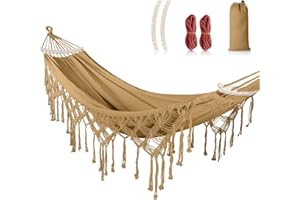 MOSFIATA Hamac Exterieur Boheme, Hamac Suspendu avec Frange et Barre en Bois Anti-Basculement pour Jardin, Camping, Terrasse, Patio