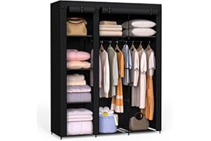 Newthinking Fabric Canvas Wardrobe, Portable Temporary Wardrobe with Hanging Rail and Zipper for Bedroom Clothes Storage Organiser, Black