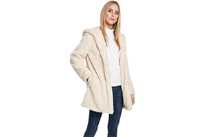 URBAN CLASSICS Abrigo de Pelo Sintético para Mujer con Capucha Grande, Chaqueta con Bolsillos Laterales y Cierre de Ojal, Tallas XS a 5XL