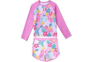 Hovershoes Girls Long Sleeve Swimming Costume Toddler Kids Two Piece Swimsuits Rash Guard Swim Sets UPF 50+ Protection Bathing Suit Summer Beach Holiday Swimwear for 5-12 Years