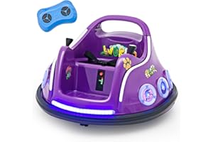 GYMAX Kids Ride On Bumper Car, 12V Children Electric Waltzer Car with Remote Control, Dual Joysticks, Music, Lights, 3 Speeds & Wireless Connection, 360° Spin Toy Car for 3-8 Years Old (Purple)