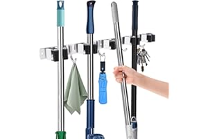 Revivoer Colgador Escobas y Fregonas, Sujeta Escobas Pared Con 5 Posiciones y 4 Ganchos, Soporte Escobero Pared para Hogar, Cocina, Garajes (Negro)