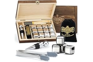 Whisiskey - Pierre a Whisky – Coffret Whisky - 12x Pierre a Whiskey, Bouchon Bouteille & Pince Compris – Boite Rangement - Glacon Reutilisable - Cadeau Homme