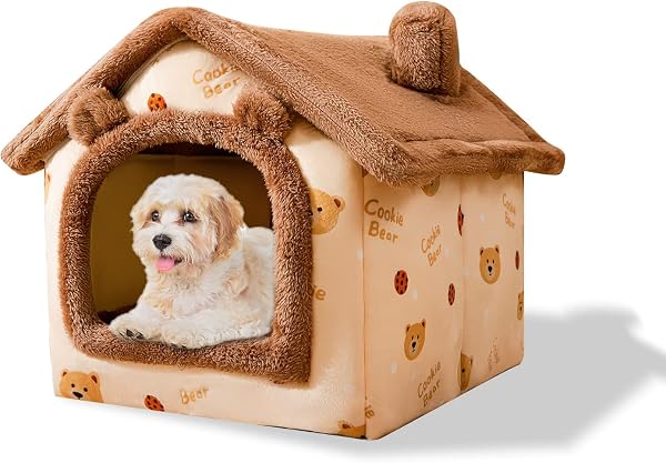 Galatée Cama De Cueva De Gato, Cama Lavable para Perros, Iglú De Felpa Cálida y Acogedora para Gatos, Casa para Mascotas Plegable, Cama para Mascotas con Fondo Antideslizante(M, Oso Pardo Oscuro) - 1