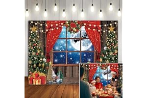 BINQOO 7x5ft Christmas Red Curtain Backdrop Full Moon Starry Sky Sleigh Reindeer Backdrop Sparkle Xmas Tree Happy New Year Gifts Photoshoot Photo Studio Props