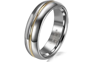 JewelryWe Bijoux Bague Femme Cannelure Anniversaire Mariage Acier Tungstène Anneaux Fantaisie Couleur Argent Or Largeur 6mm Avec Sac Cadeau(Taille de Bague Optionnel)