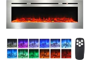 INMOZATA 102cm Electric Fire Wall Mounted Recessed Electric Fireplace With 12 LED Flame Colors, Adjustable Thermostat, Crystal&Logs Set, 900W/1800W, Remote&Touch Screen Control (102cm/40in, Gray)