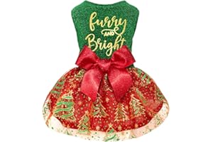 Fitwarm Furry and Bright Dog Christmas Outfit, Sparkly Pet Holiday Tulle Dress, Dog Winter Clothes for Small Dogs Girl, Dog Christmas Tree Outfit, Red, Green, Golden, Small
