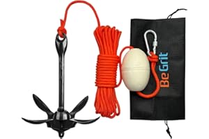 BeGrit Ancla Kayak 1,5kg Kit de Ancla Barco Plegable Pequeña para Moto de Agua Jet Ski Anclaje Agua de Acero Zincado con Cuerda Flotante de 10m y Bolsa de Transporte para Zodiac Capa Barca