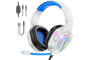 Krysenix PG2 Gaming Headset for PS4, PS5, PC, Xbox One, Switch, Wired Gaming Headphones with Noise Cancelling Microphone, Ergonomic Design Over Ear Computer Headset with 3.5mm Jack & LED,Azure/White