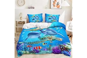 HAVOP Dolphin Duvet Cover Set Double Size 3D Bedding Kids Boys Girls Dolphin Turtle Sea Animals Print 3d Comforter Cover Soft Quilt Cover All Season Bedding Set Blue
