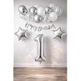 Gumus Konsept Dogum Gunu Kutlama Seti Beyaz Gumus Konfetili Balon Rakam Yıldız Folyo ve Banner (1 Yaş)