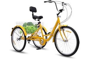 Ealtqund Triciclo para adultos, 24 pulgadas, 7 velocidades, plegable, con soporte para bebidas, luz frontal, 3 ruedas, capacidad de carga de 210 kg, para compras, ocio y personas mayores, amarillo