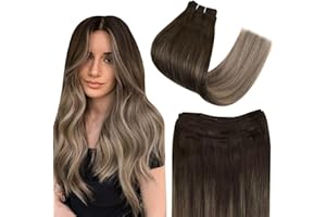 Easyouth Extension Capelli Veri Tessitura Extension Matassa Capelli Veri Colore Darkest Brown Mix Castano Medio e Biondo Cenere 14 pollice 70g Tessitura Capelli Brasiliani