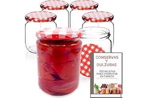 AWIKU 6 Tarros de Cristal Herméticos de 450 ml con Tapas + Ebook +100 Recetas para Conservas - Frascos Herméticos con Tapa de Rosca para Alimentos - Tarros medianos Estancos. Incluye Etiquetas