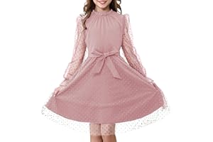 Rolanko Vestido de Manga Larga Abullonada para Niña, Cintura Alta con Cinturón Línea A Cuello Volante Malla Contrastada Vestidos de Princesa para Fiesta en Tul